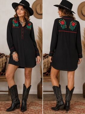 Zara Trafaluc Embroidered Western Tunic Dress Black Floral Size S